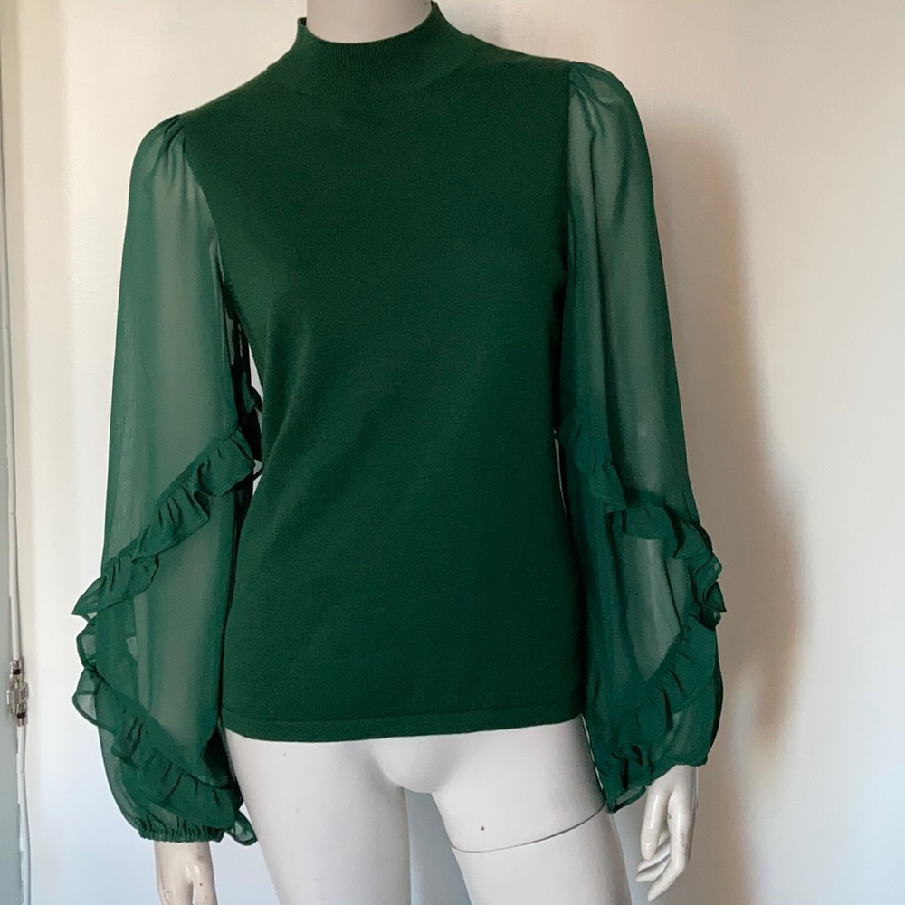 Cece Poet Sleeve Sheer Mock Neck Sweater Kelly Green